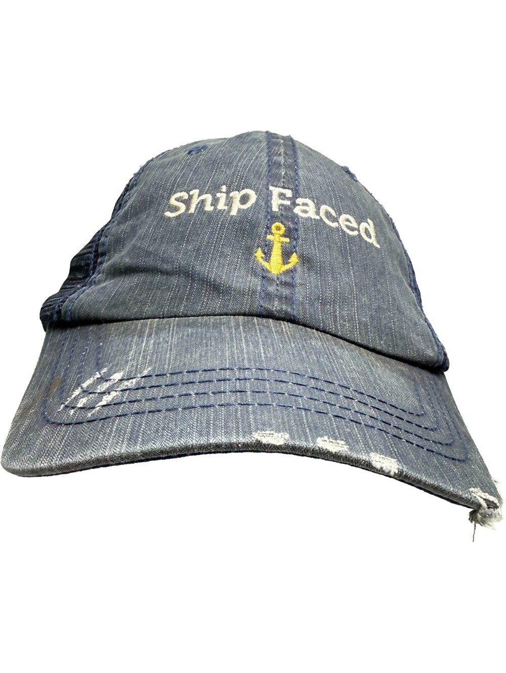 Ship Faced Anchor Logo Denim Trucker Hat Mesh Back Strapback Cap Distressed Blue - Picture 3 of 11